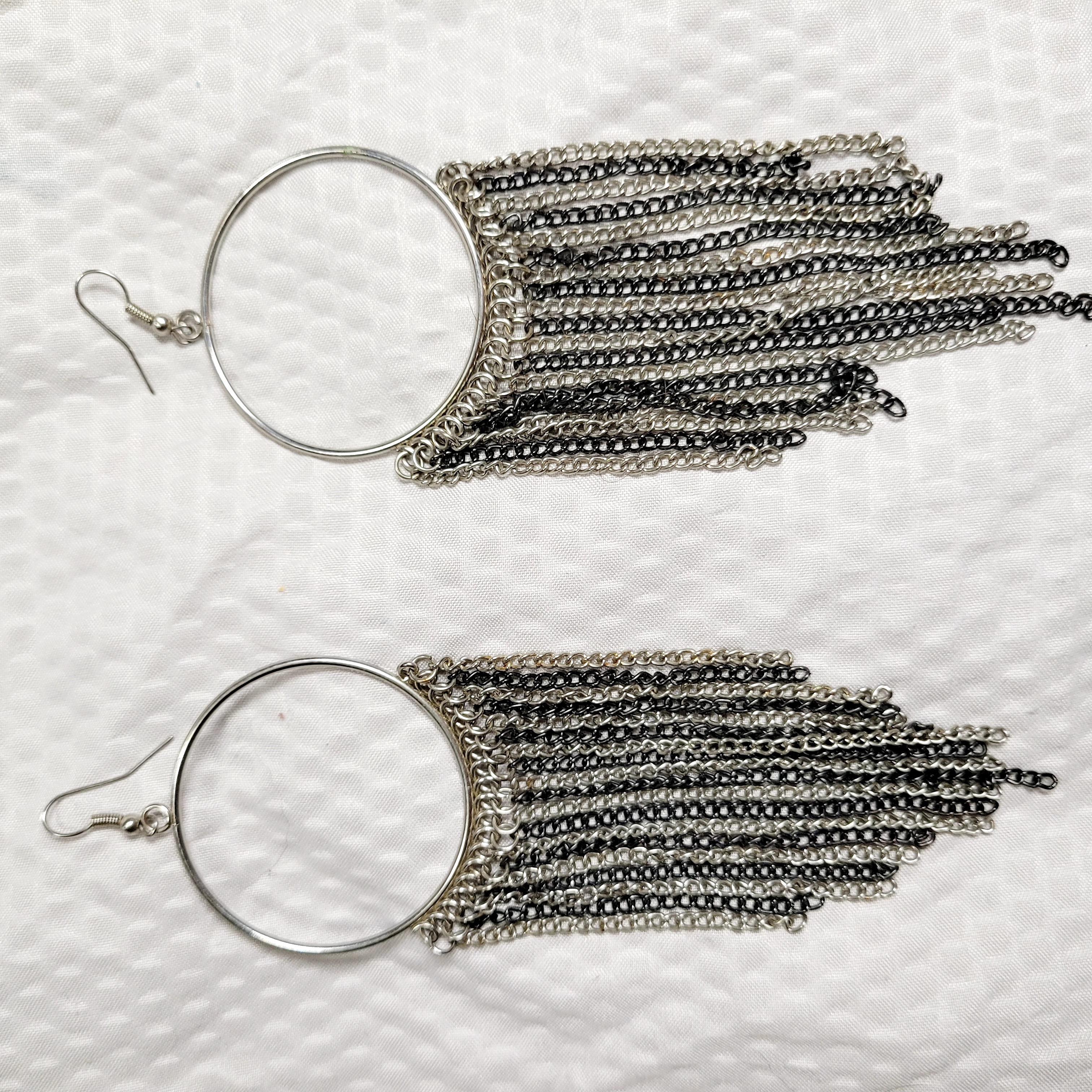 Dramatic Silver And Black Hoop Earrings With Cascading Chains 12$